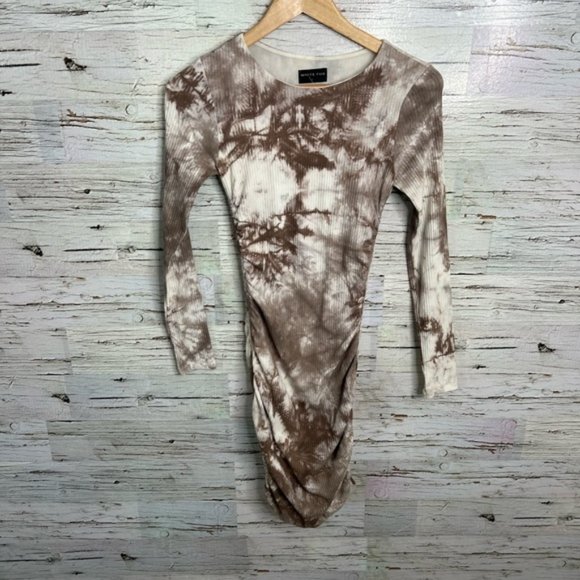 White fox white brown long sleeve midi dress ruched size small - Picture 1 of 9